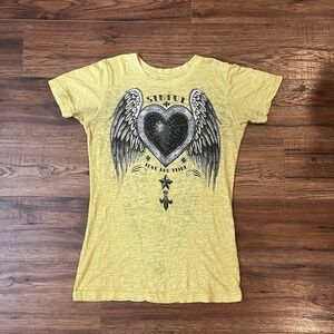Sinful By Affliction Graphic Tee Women Small Yellow Rhinestone Grunge Biker Goth